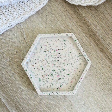 Hexagon Coaster - White with Pink, Sage & Mother of Pearl Chips