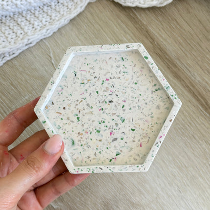 Hexagon Coaster - White with Pink, Sage & Mother of Pearl Chips