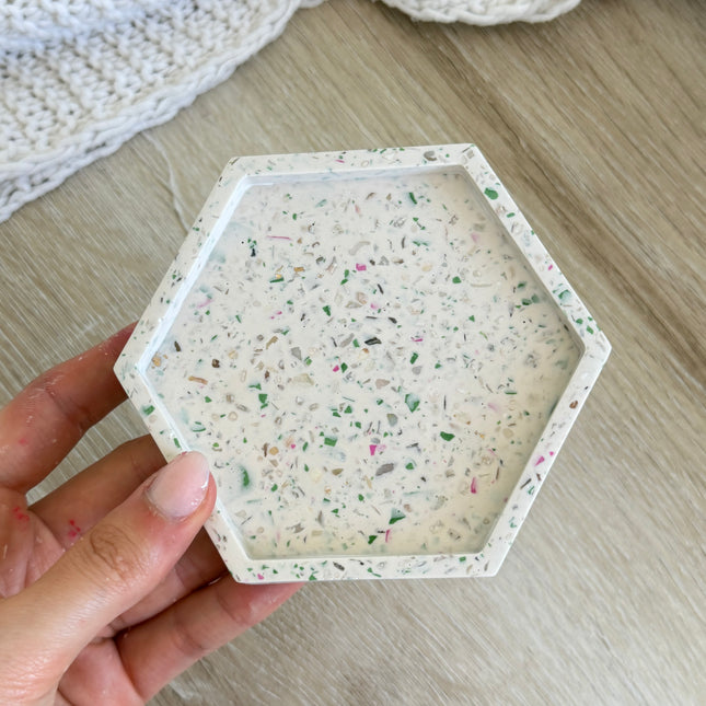 Hexagon Coaster - White with Pink, Sage & Mother of Pearl Chips