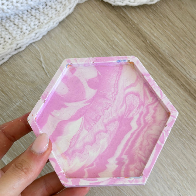 Hexagon Coaster - Pink & White Marble