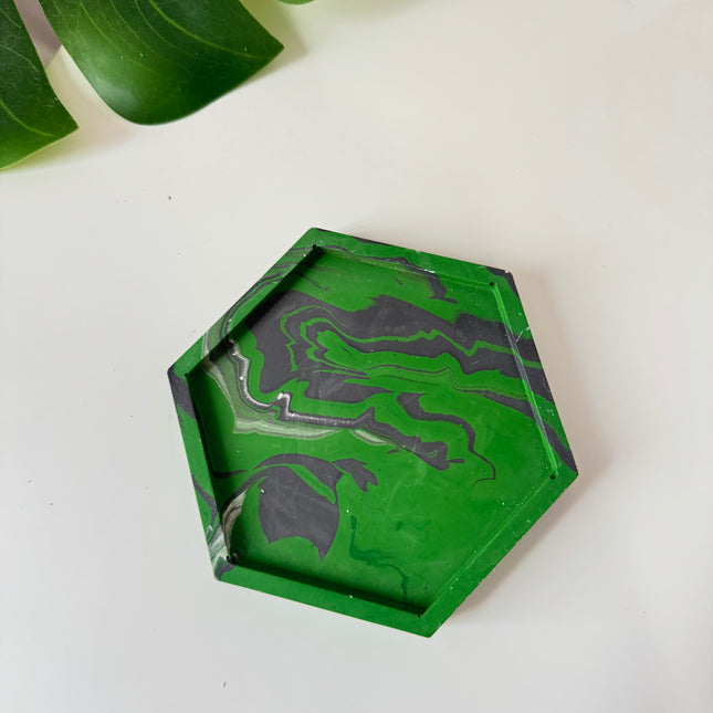 Hexagon Coaster - Green & Black Marble