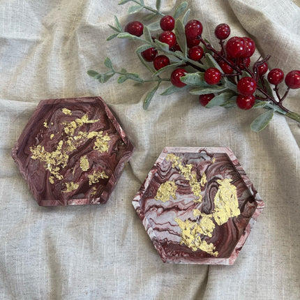 Set of 2 Hexagon Coasters - Burgundy Marble