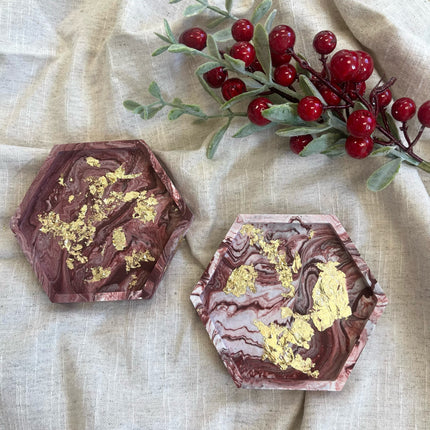 Set of 2 Hexagon Coasters - Burgundy Marble