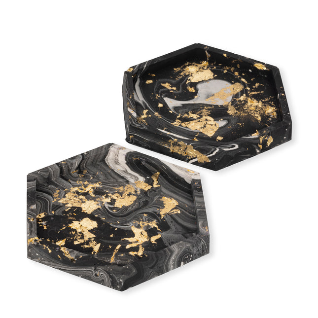Hexagon Coasters - Black & White Marble (Gold Flakes)